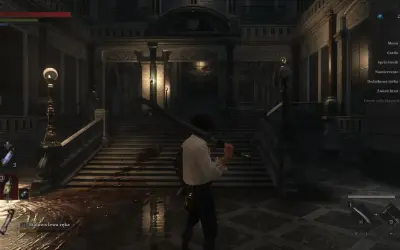 Mroczna klatka schodowa, krew na posadzce, postać z mieczem. Klimat jak w Bloodborne na Xbox.