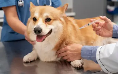 Weterynarz podaje corgi zastrzyk. Szczepienie psa na wściekliznę jest ważne, choć mogą wystąpić skutki uboczne.