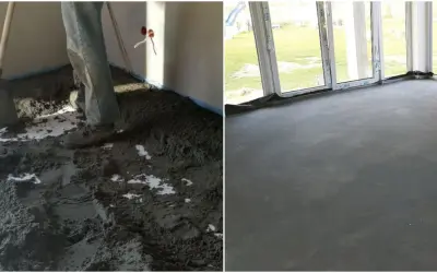Praca z suchą zaprawą cementową na budowie. Po lewej widać proces rozkładania materiału, po prawej gotową, równą posadzkę.