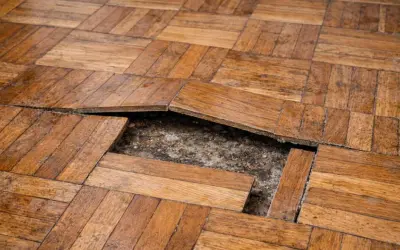 Suelo laminado con tablillas levantadas y un hueco expuesto, evidenciando problemas de humedad o instalación.