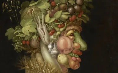 Portrait composé d'une tête humaine formée de fruits, légumes et fleurs, une des célèbres œuvres d'art de Giuseppe Arcimboldo.