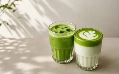 Dwa orzeźwiające napoje: jeden z kostkami lodu, drugi z pianką i wzorem. Idealne na lato, wypróbuj iced matcha latte przepis!