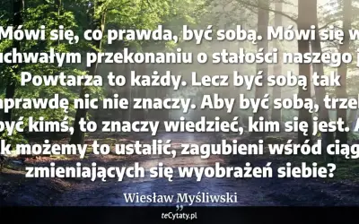 Las skąpany w słońcu. Cytat: "Aby być sobą, trzeba być kimś, to znaczy wiedzieć, kim się jest. A jak możemy to ustalić, zagubieni wśród ciągle zmieniających się wyobrażeń siebie?" Wiesław Myśliwski. Wiem że nic nie wiem.