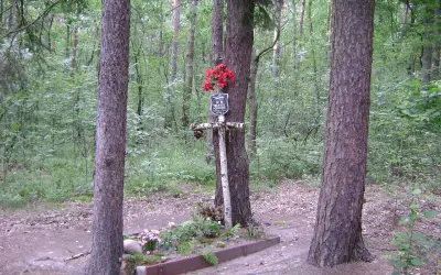 Leśny krzyż z czerwonymi kwiatami, przypominający o treści piosenki "Biały krzyż".