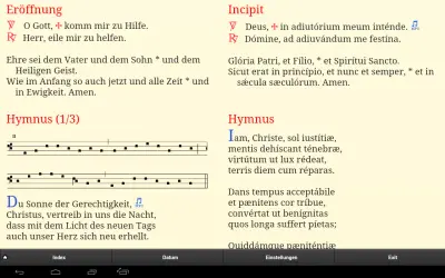 Zwei Seiten mit religiösen Texten und Noten, eine Seite mit lateinischem Text.