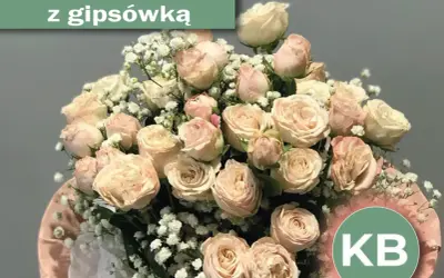 Delikatny bukiet róż w odcieniach kremu i brzoskwini, ozdobiony gipsówką. Idealny jako kwiaty na ślub w prezencie, symbolizujący miłość i czystość.