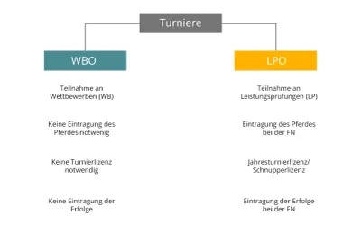 Schema zu Turnieren: WBO für Wettbewerbe ohne Pferde- oder Turnierlizenz, LPO für Leistungsprüfungen mit Eintragungspflichten.