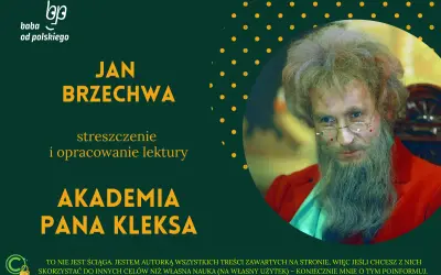 Portret Pana Kleksa z brodą i okularami na tle zielonej grafiki z kropkami.