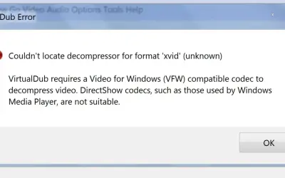 Błąd VirtualDub: nie znaleziono kodeka xvid. Program potrzebuje kodeka VFW, nie DirectShow.