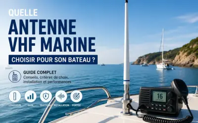 Guide complet pour choisir la meilleure antenne VHF marine pour votre bateau. Antenne, radio et icônes de conseils sur fond de mer bleue.