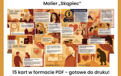 Ilustracja przedstawia kolaż grafik i cytatów z "Skąpca" Moliera, z dominującymi postaciami i symbolami.