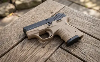 Beżowa broń pneumatyczna Stalker M906 leży na drewnianym stole.