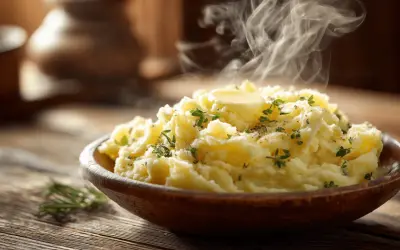 Un bol en bois débordant d'un délicieux écrasé de pomme de terre fumant, garni de beurre et d'herbes fraîches.