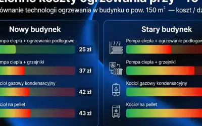 Porównanie kosztów ogrzewania: pompa ciepła czy gaz w nowym i starym budynku. Pompa ciepła z ogrzewaniem podłogowym jest najtańsza.