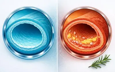 Zdrowa tętnica vs. tętnica z blaszkami miażdżycowymi. Obraz porównuje przekrój zdrowego naczynia krwionośnego z naczyniem z widocznym złogiem cholesterolu LDL.