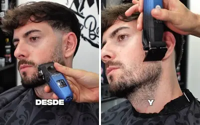 Un hombre se recorta la barba italiana con una máquina. El antes y el después de un corte de barba perfecto.