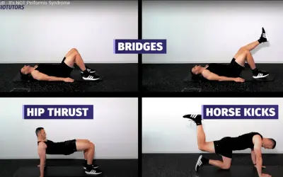 Fyra övningar för att stärka sätesmusklerna och lindra piriformis inflammation. Bro, höftlyft, hästsparkar.