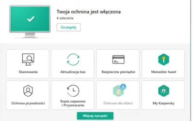Interfejs Kaspersky Total Security. Twoja ochrona jest włączona. Dostępne opcje: Skanowanie, Aktualizacja baz, Bezpieczne pieniądze, Menedżer haseł, Ochrona prywatności, Kopia zapasowa, Ochrona dla dzieci. To dobry antywirus.