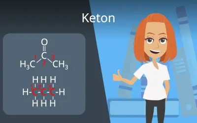 Chemische Formel für Keton (Aceton) mit nummerierten Kohlenstoffatomen. Eine lächelnde Frau gibt Daumen hoch.