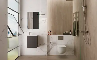 Modernos baños pequeños con ducha, inodoro suspendido y lavabo flotante, con acabados en mármol y madera.