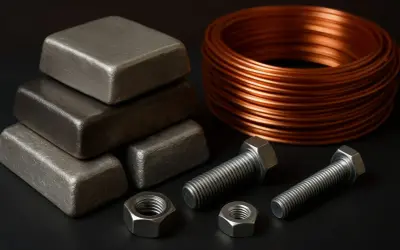 Sztabki aluminium, miedziana cewka i śruby z nakrętkami. Czy aluminium przewodzi prąd? Tak, podobnie jak miedź.