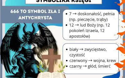 Symbolika Apokalipsy św. Jana: 666 to symbol zła, a obok diabeł, krzyż i księga.