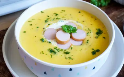Cremige Kartoffelsuppe, zubereitet im Thermomix, garniert mit Würstchenscheiben, einem Klecks Sahne und Petersilie.