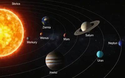 Układ Słoneczny: Słońce, Merkury, Wenus, Ziemia, Mars, Jowisz, Saturn, Uran i Neptun krążą po swoich orbitach.
