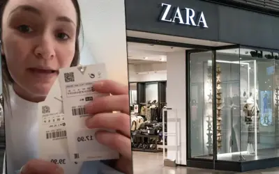 Kobieta pokazuje metki ubrań z Zary, gdzie widoczna jest rozmiarówka damska. Sklep Zara w tle.