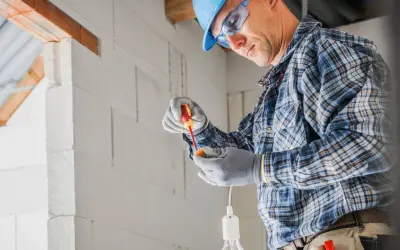 Elektryk w kasku i okularach montuje oprawkę żarówki, tworząc punkt elektryczny.
