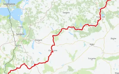 Mapa pokazuje trasę rowerową wzdłuż Odry, od Świnoujścia przez Szczecin, Gorzów Wielkopolski, aż po okolice Szczecinka.
