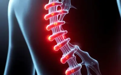 Illustration av ryggraden med glödande nervbanor som indikerar smärta eller inflammation.