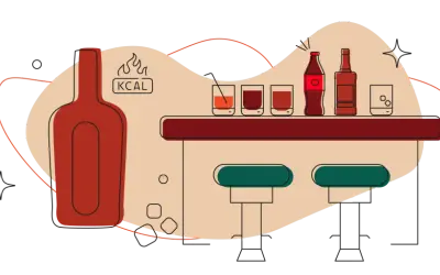 Ilustracja baru z butelką whisky, colą i szklankami. Obok butelki symbol płomieni i napis "KCAL", sugerujący ile kalorii ma whisky z colą.