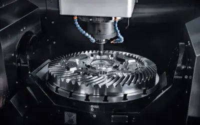 Precyzyjna obróbka metalu na maszynie CNC. Wiertło precyzyjnie kształtuje skomplikowany element, pokazując, co to jest CNC.
