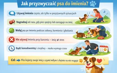 Jak przyzwyczaić psa do imienia? Używaj go w pozytywnych sytuacjach, nagradzaj reakcję, wołaj podczas zabawy. Nie używaj imienia przy karceniu. Bądź cierpliwy, a pies skojarzy imię z czymś miłym.