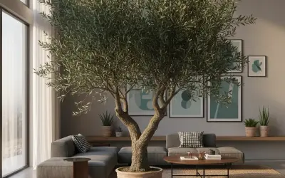 Un grand olivier intérieur maison, au tronc noueux, trône au milieu d'un salon moderne aux canapés gris et aux tableaux abstraits.