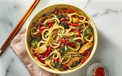 Pyszny makaron udon z kurczakiem, brokułami i papryką w sosie. Danie posypane sezamem i szczypiorkiem. Idealne na obiad, a jego makaron udon kcal jest zbilansowany.
