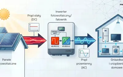 Schemat pokazuje, jak panele fotowoltaiczne przetwarzają światło słoneczne na prąd stały, który następnie inwerter zamienia na prąd zmienny dla urządzeń domowych. To nowoczesna technologia.