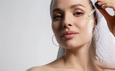 Mujer con toalla en la cabeza aplica gotas de sérum con péptidos para la cara, buscando una piel radiante y rejuvenecida.