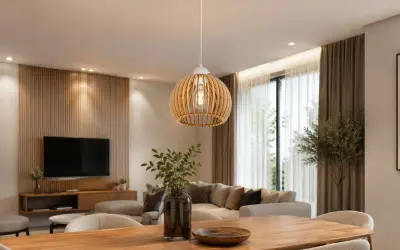 Drewniana lampa sufitowa w kształcie kuli, przypominająca drzewo, oświetla jadalnię.