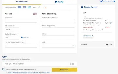 Formularz płatności Ryanair. Sprawdź, kiedy są najtańsze bilety lotnicze Ryanair, wpisując dane karty i adres.
