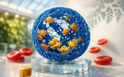 Een blauwe bol met oranje deeltjes, omringd door rode bloedcellen. Laag ferritine kan gevaarlijk zijn voor de gezondheid.