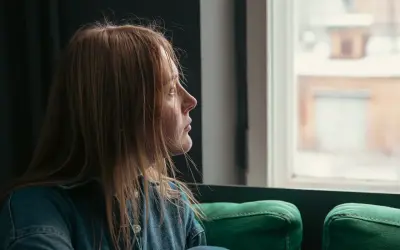 En kvinna med utmattning tittar ut genom fönstret, drömmer om att bli frisk.