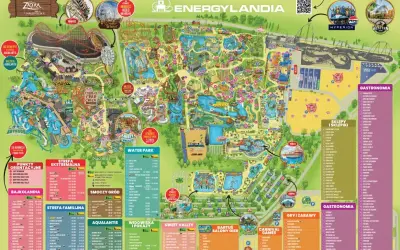 Mapa Energylandii, gdzie jest park rozrywki z atrakcjami, strefami tematycznymi, wodnym światem i gastronomią.