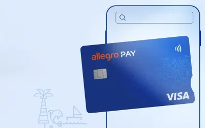 Karta Allegro Pay na tle smartfona. Płać wygodnie za zakupy, jakbyś kupował rower na wakacjach.