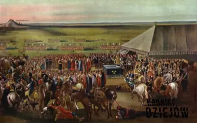 Uroczystość na polu bitwy, tłumy ludzi, namiot, wojsko w tle. Scena nawiązuje do potopu szwedzkiego, data wydarzenia nieznana.