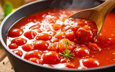 Heiß dampfende Tomatensoße mit ganzen Kirschtomaten, perfekt für Pasta. Ein Hauch von Rosmarin und ein Löffel voller Genuss.
