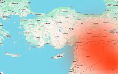 Mapa Turcji i okolic z zaznaczonymi granicami i regionami.