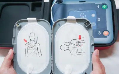 Instrukcja użycia AED. Kiedy defibrylacja jest konieczna, elektrody umieszcza się na klatce piersiowej pacjenta zgodnie z rysunkami.