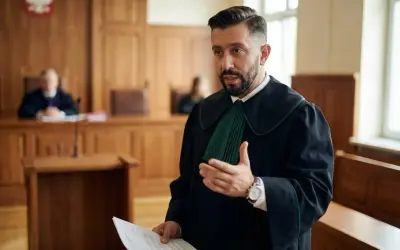 Prawnik w todze omawia kwestie wydziedziczenia i zachowku w sali sądowej.